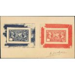 France 1927 Visit of American Legion 90c. and 1f. 50 die proofs, without figures of value on se...