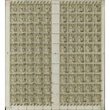 France 1934-37 50c. on 1f. 25 olive, complete sheet of 100, two panes of fifty (5x10) with surc...