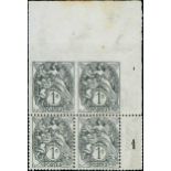 France 1900-24 Type Blanc 1c. grey type I, block of four from the upper right corner of the pan...