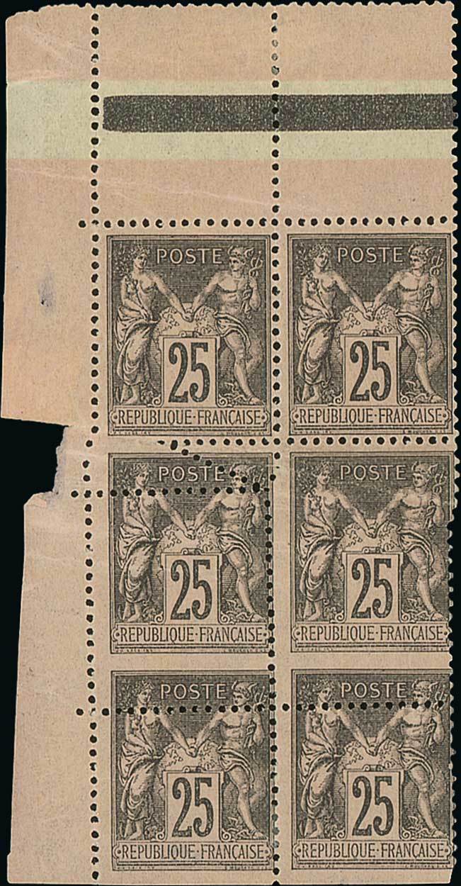 France 1876-1900 Type Sage Issues 25c. black on rose, type II, vertical block of six