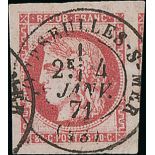 France 1870 "Bordeaux" Issue 80c. rose, an extraordinary example due to the following features: