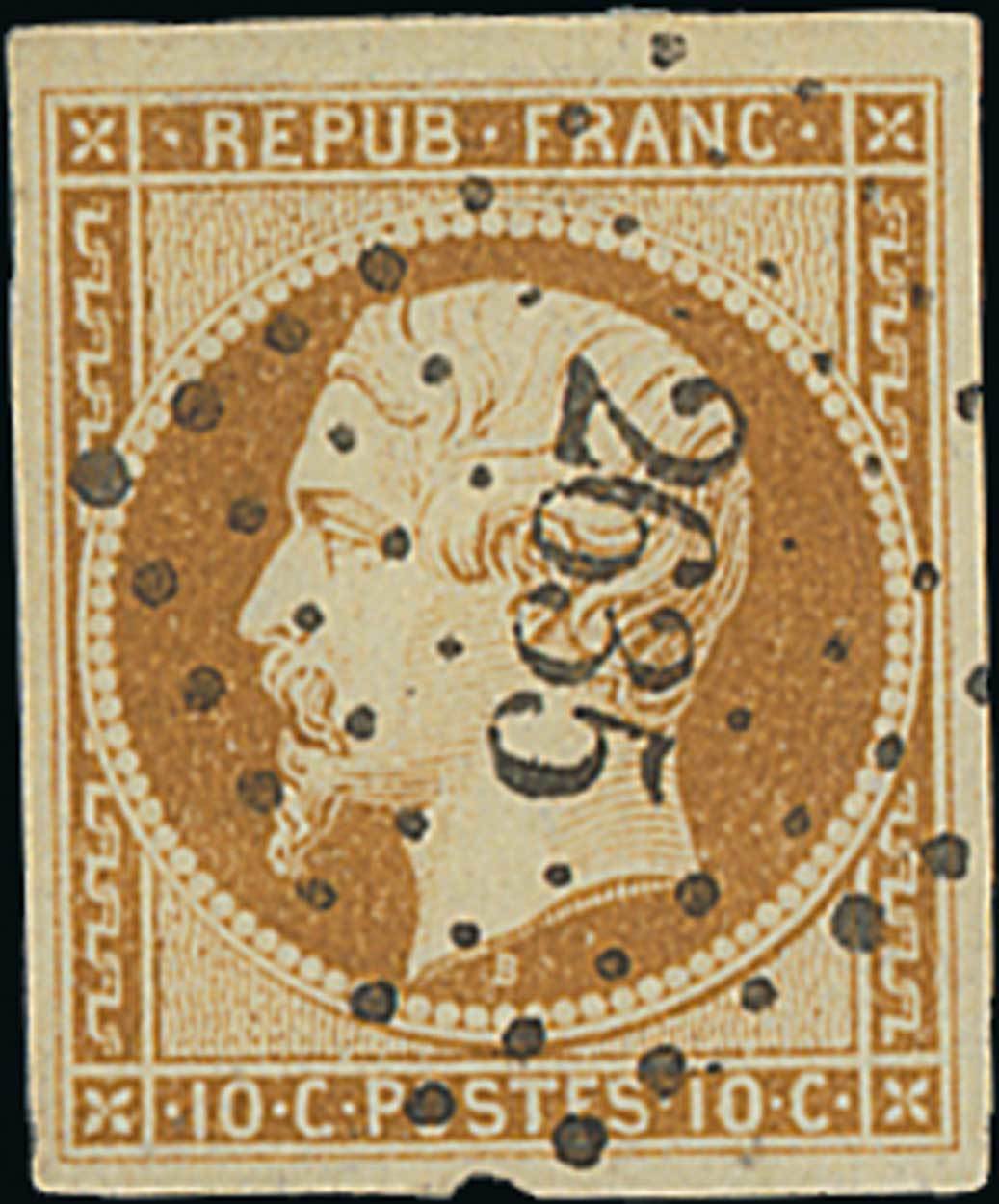 France 1852 "Présidence" Issue 10c. bistre, fresh impression printed on a slightly yellowish an...