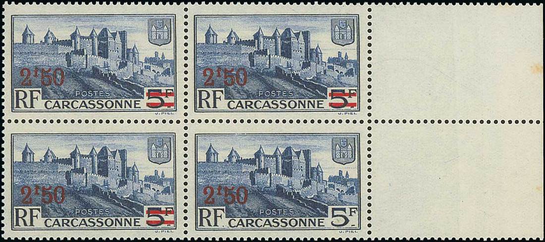 France 1940-41 Surcharges 2f. 50 on 5f. blue, block of four, the fourth stamp bars omitted, unm...