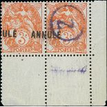 France 1900-24 Type Blanc 3c. red-orange, horizontal pair from the lower right corner of the sh...