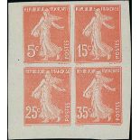 France 1937 PEXIP Semeuse 5c., 15c., 25c. and 30c., each in pale red, arranged as a se-tenant b...