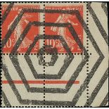 France Semeuse 1907 10c. red, horizontal pair from the lower right corner of the sheet with hex...