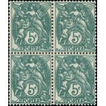 France 1900-24 Type Blanc 5c. blue green, type IA, double impression (slight), block of four,