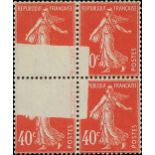 France Semeuse 1925-26 40c. vermilion, block of four, all showing portions of the design not pr...