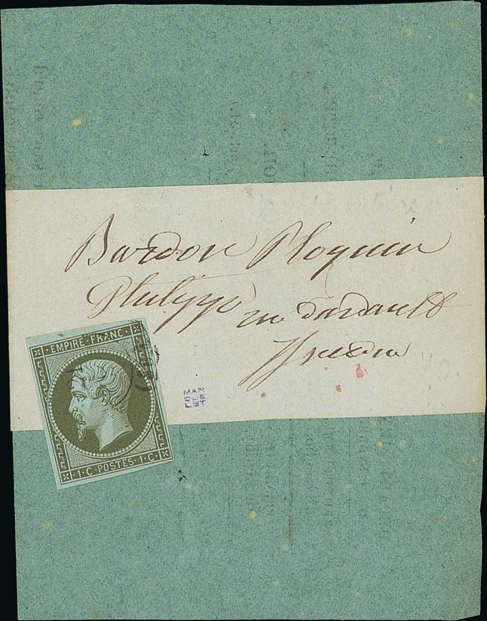 France 1853-60 Imperforate "Empire" Issue 1c. green-olive, extraordinarily detailed and strong...