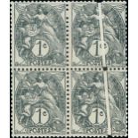 France 1900-24 Type Blanc 1c. grey, type II, block of four with a striking pre-printing