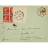 France Semeuse 1907 10c. red, block of six (3x2) from the right of the sheet with two complete...