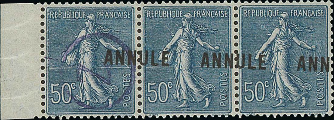 France Semeuse 1920-22 50c. dark blue, horizontal strip of three from the left of the sheet ove...