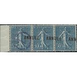 France Semeuse 1920-22 50c. dark blue, horizontal strip of three from the left of the sheet ove...