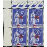 France 1940-41 Surcharges 50c. on 90c. ultramarine. block of four from the upper left corner of...