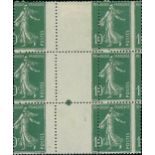 France Semeuse 1920-22 10c. green, thick figures, block of six (2x3) with vertical interpanneau...