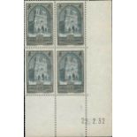 France 1929 Tourist Issue "Reims Cathedral" 3f. slate-blue, type IV, Coin date block of four (2...