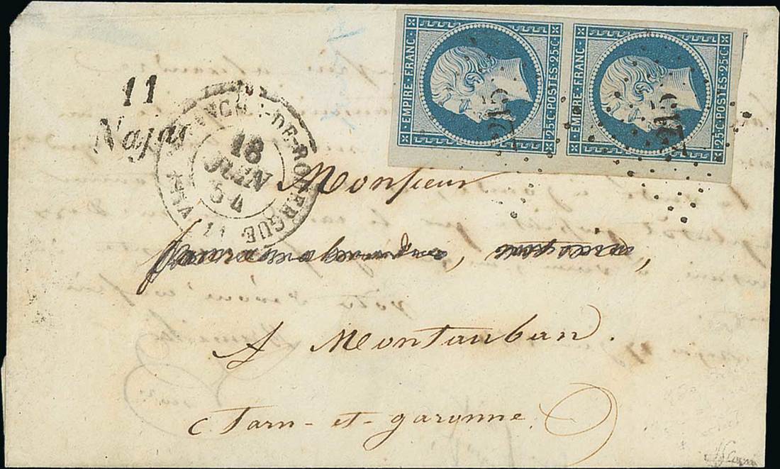 France 1853-60 Imperforate "Empire" Issue 25c. blue, vertical pair boasting sheet margin at lef...