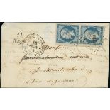 France 1853-60 Imperforate "Empire" Issue 25c. blue, vertical pair boasting sheet margin at lef...