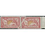 France 1900-27 "Merson" Issues 1900 Issue 1fr. pre-printing paper fold, right-margin sheet pair...