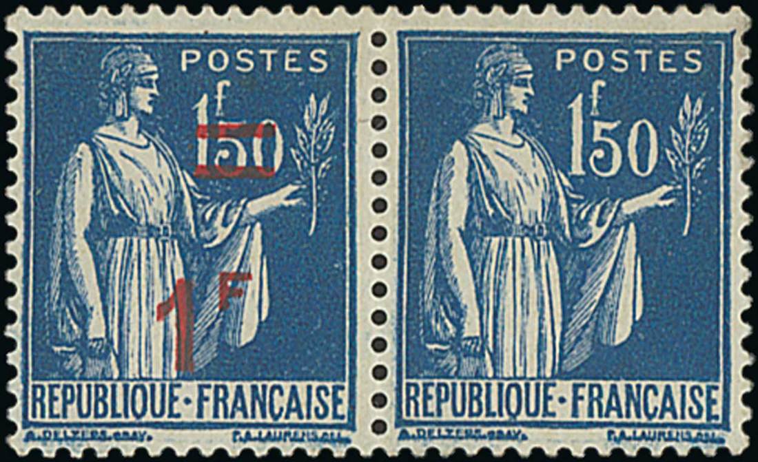 France 1940-41 Surcharges 1f/ on 1f. 50 blue, horizontal pair, one without surcharge, original...