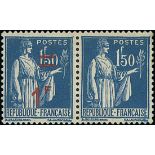 France 1940-41 Surcharges 1f/ on 1f. 50 blue, horizontal pair, one without surcharge, original...