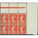 France Semeuse 1907 10c. red, block of six (3x2) from the upper right corner of the pane exhibi...