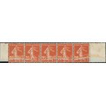 France Semeuse 1927-28 25c. ochre-brown, horizontal strip of five
