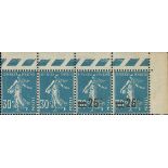 France Semeuse 1926-27 Surcharges 25c. on 30c. blue, horizontal strip of four from the upper ri...