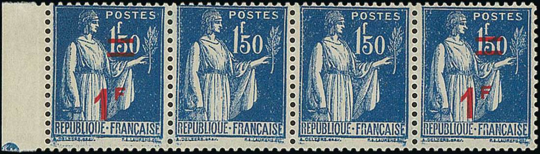 France 1940-41 Surcharges 1f. on 1f. 50 blue, horizontal strip of four from the left of the she...