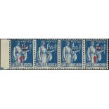 France 1940-41 Surcharges 1f. on 1f. 50 blue, horizontal strip of four from the left of the she...
