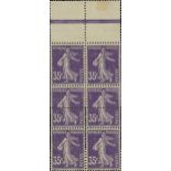 France Semeuse 1907 35c. violet type I, block of six (2x3) from the top of the pane, variety pa...