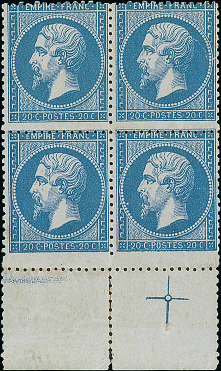 France 1862 Perforated "Empire" Issue 20c. blue, marginal block of four