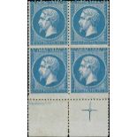 France 1862 Perforated "Empire" Issue 20c. blue, marginal block of four