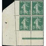 France Semeuse 1907 5c. green, type I, block of four from the lower left corner of the sheet di...