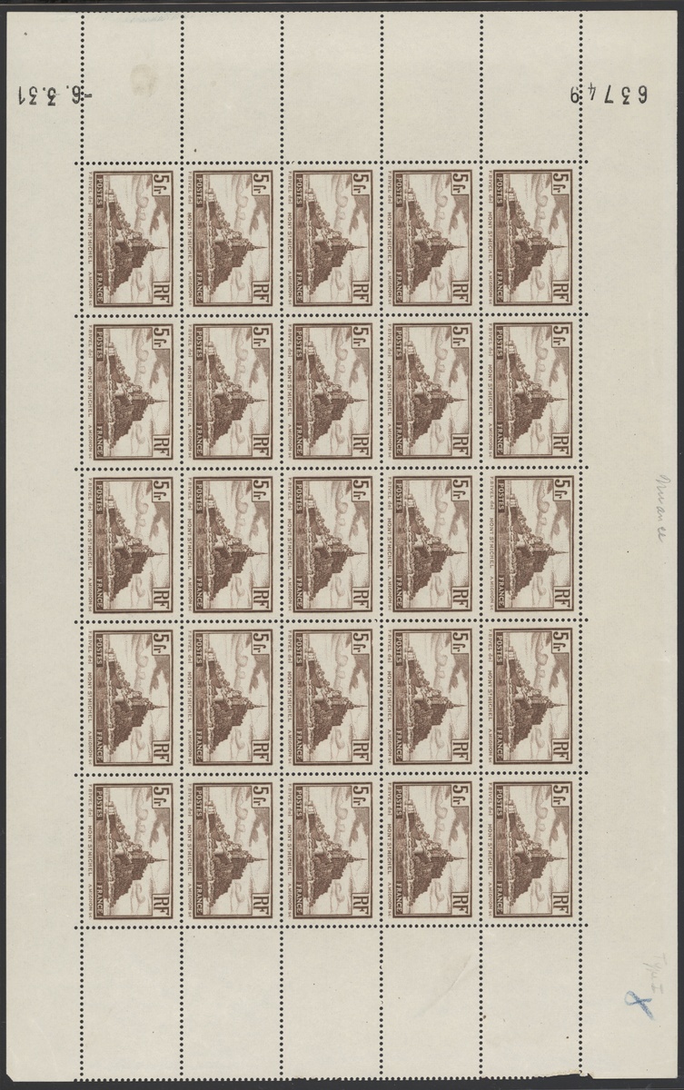 France 1929 Tourist Issue "Mont St. Michel" 5f. chocolate, type II, complete sheet of twenty-fi...