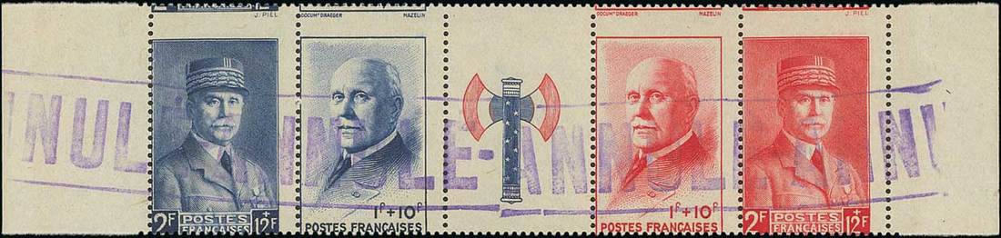 France 1943 (Feb.) National Relief Horizontal strip of four with label, handstamped "annule" in...