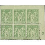 France 1876-1900 Type Sage Issues 5c. green-yellow, type II, three se-tenant with three imperfo...