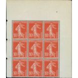 France Semeuse 1907 10c. red type II, block of nine (3x3) with margins at left and right