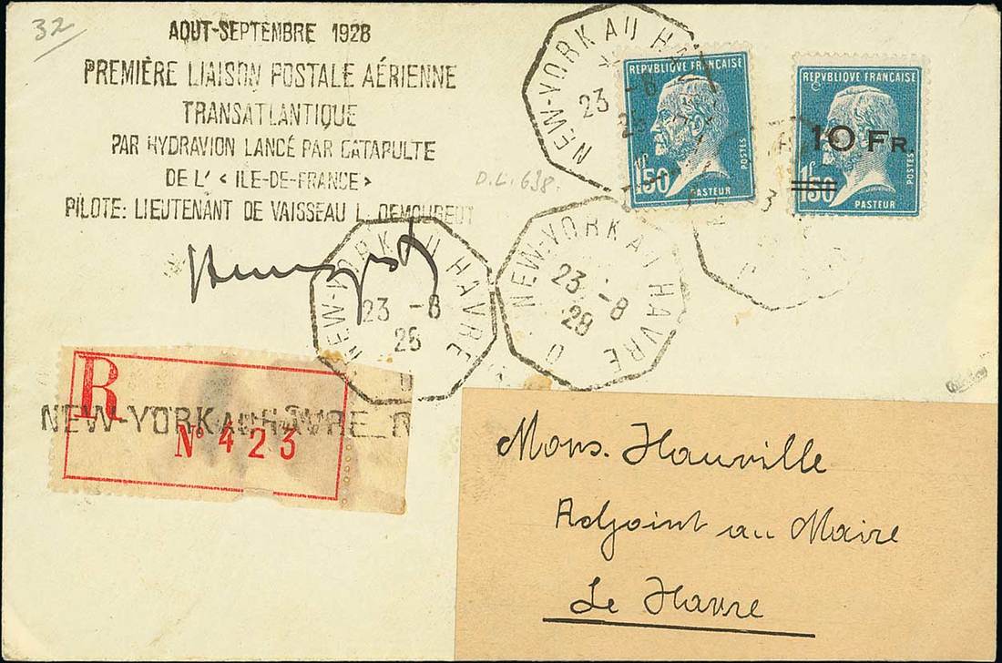 France 1928 "Ile de France" Issue 10fr. on 1fr.50c. blue, plate flaw featuring "anneau lune" va...