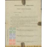 France 1875 Mouchon and Courdier Essays 4c. green, 20c. blue and 1f. red, affixed to sheet