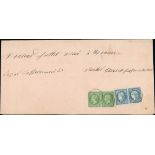 France 1862 Perforated "Empire" Issue 5c. green, pair combined with 1871-72 25c. blue in pair,