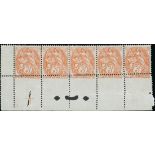 France 1900-24 Type Blanc 3c. orange-red, type IB, horizontal strip of five from the foot of th...