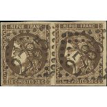 France 1870 "Bordeaux" Issue 30c. brown, horizontal pair, strong impression reinforced by a dee...