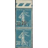 France Semeuse 1926-27 Surcharges 25c. on 30c. blue. vertical pair from the top of the sheet, t...