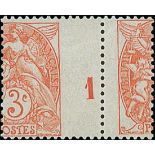 France 1900-24 Type Blanc 3c. orange-red, type IB, misperforated with design shifted to the rig...