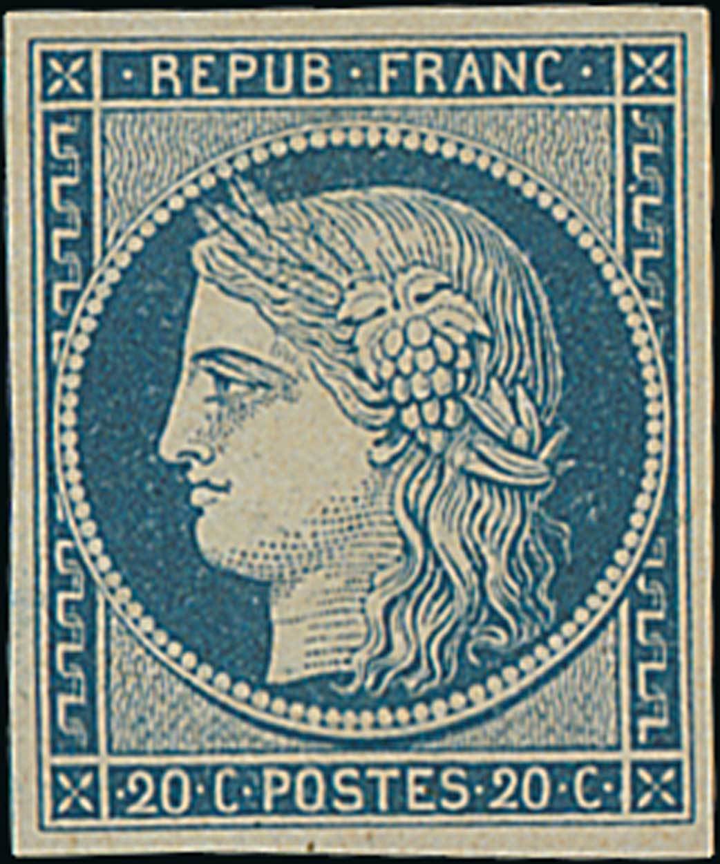 France 1849-50 First Issue 20c. blue on yellowish, so called "Durrieu", never issued,