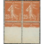 France Semeuse 1927-28 25c. ochre-brown, block of four, the lower pair impression incomplete,