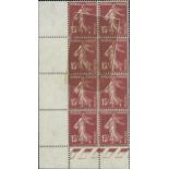 France Semeuse 1925-26 15c. brown-lilac, block of eight (4x2) from the lower left corner of the...