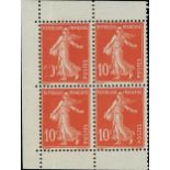 France Semeuse 1907 10c. red, block of four from the booklet plate, the first stamp with defect...