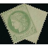 France 1872-73 "Cérès" Issue 5c. green-yellow, misplaced perforation obliquely,